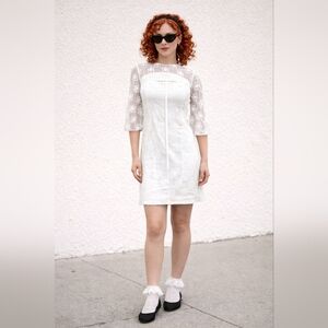 Vintage 60s White Lace Mod Mini Dress Sheer Sleeve XS